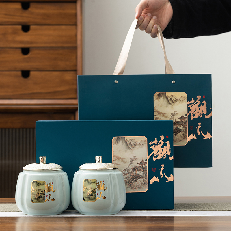 新款中式茶叶包装礼盒陶瓷大容量密封茶叶罐茶叶礼盒包装空盒定制