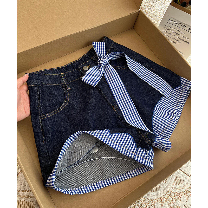 300斤大码格纹拼接深蓝牛仔短裤女夏季新款高腰蝴蝶结显瘦热裤子