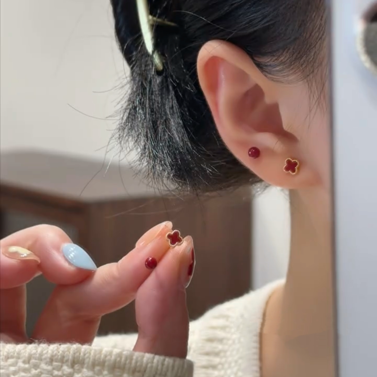 铜合金耳饰 小众设计感红色四叶草耳环耳钉精致小巧四件套耳饰女
