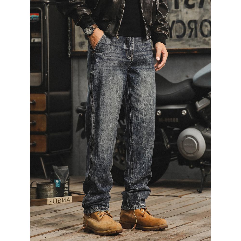 灏吉弧直筒牛仔裤男高端潮牌做旧休闲裤男士宽松阔腿长裤子