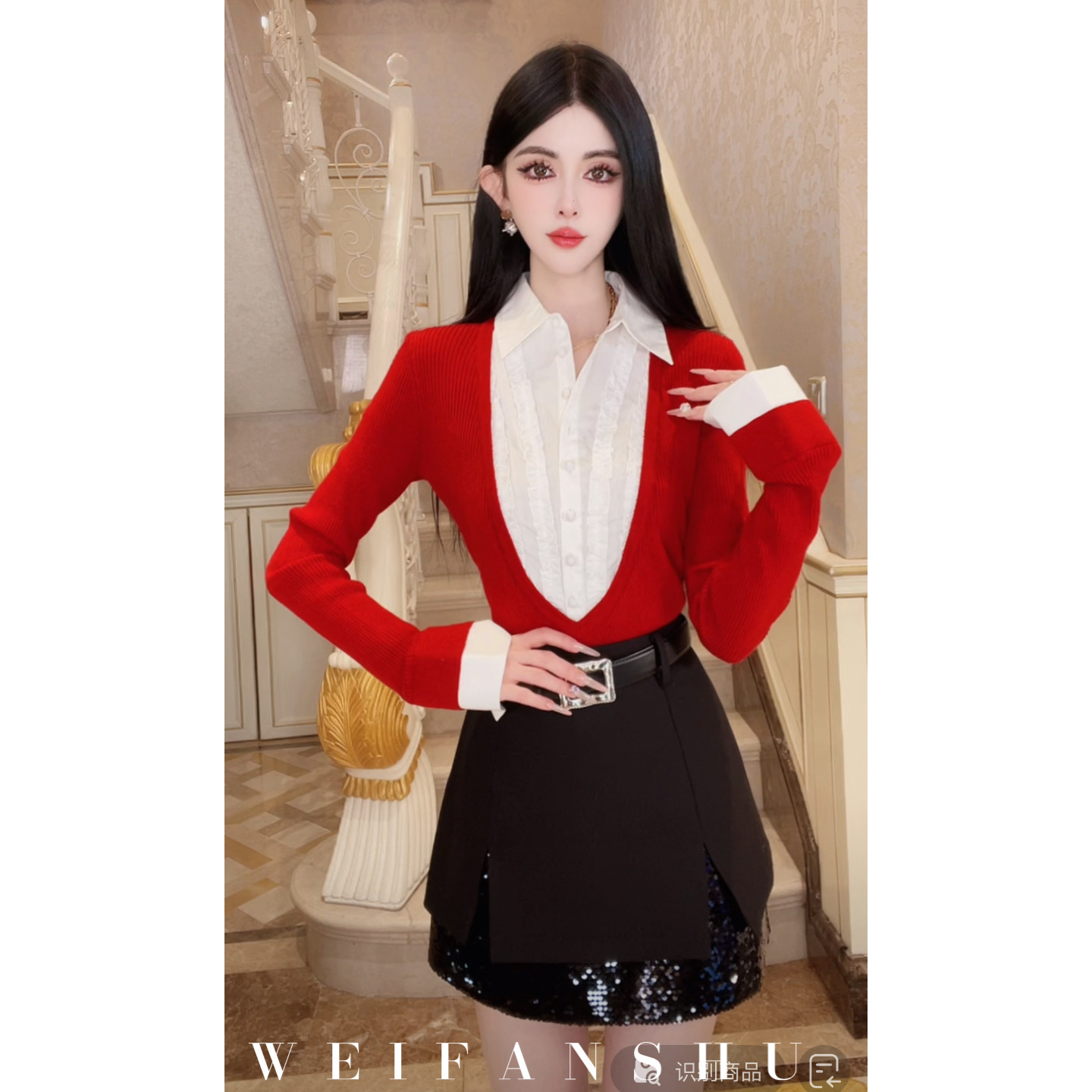 WEIFANSHU/魏凡舒【南法狂想】秋冬新款气质时尚拼接设计感针织上衣