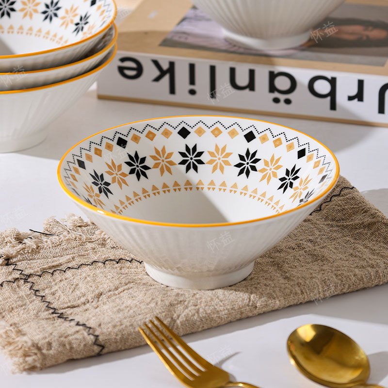 波西米亚7英寸斗笠碗4只装家用吃饭碗防烫网红陶瓷釉下彩厨房用品