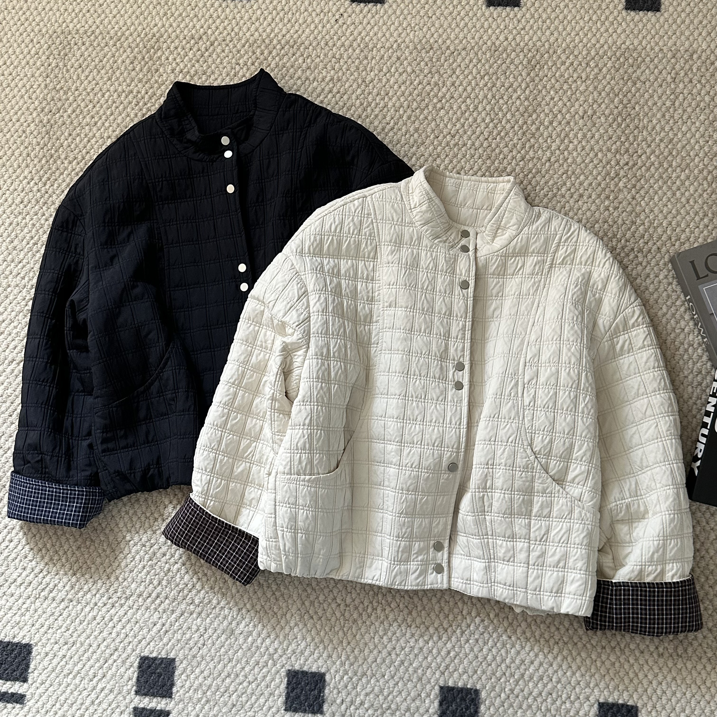 【米可家】压皱绗棉格子袖口拼接立领棉服外套250002