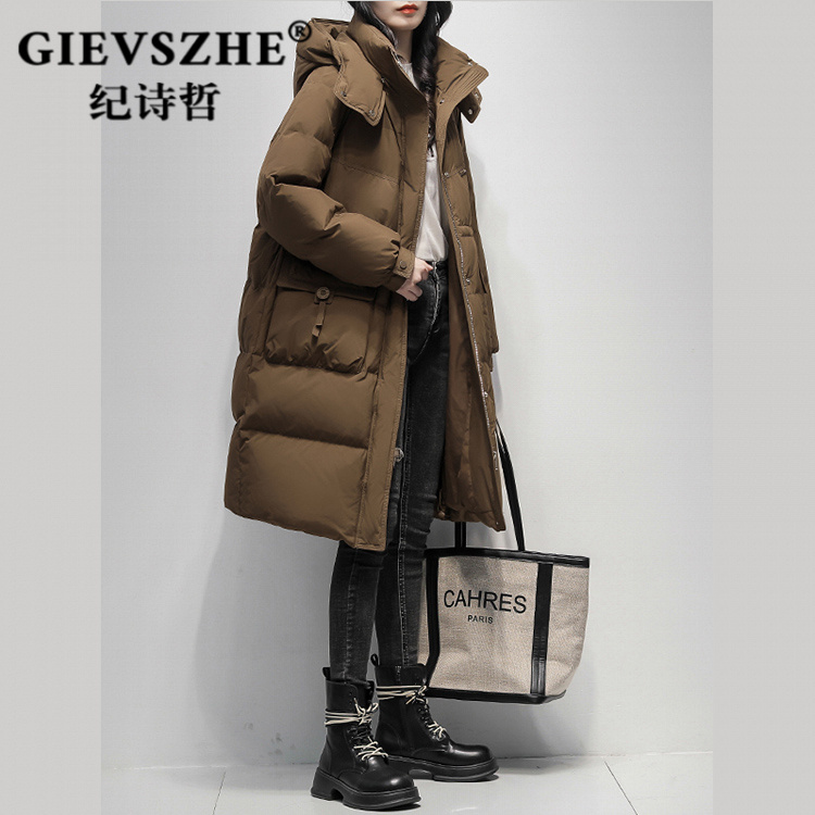 纪诗哲过膝气质连帽羽绒服女2025冬季新款宽松90白鸭绒加厚外套女