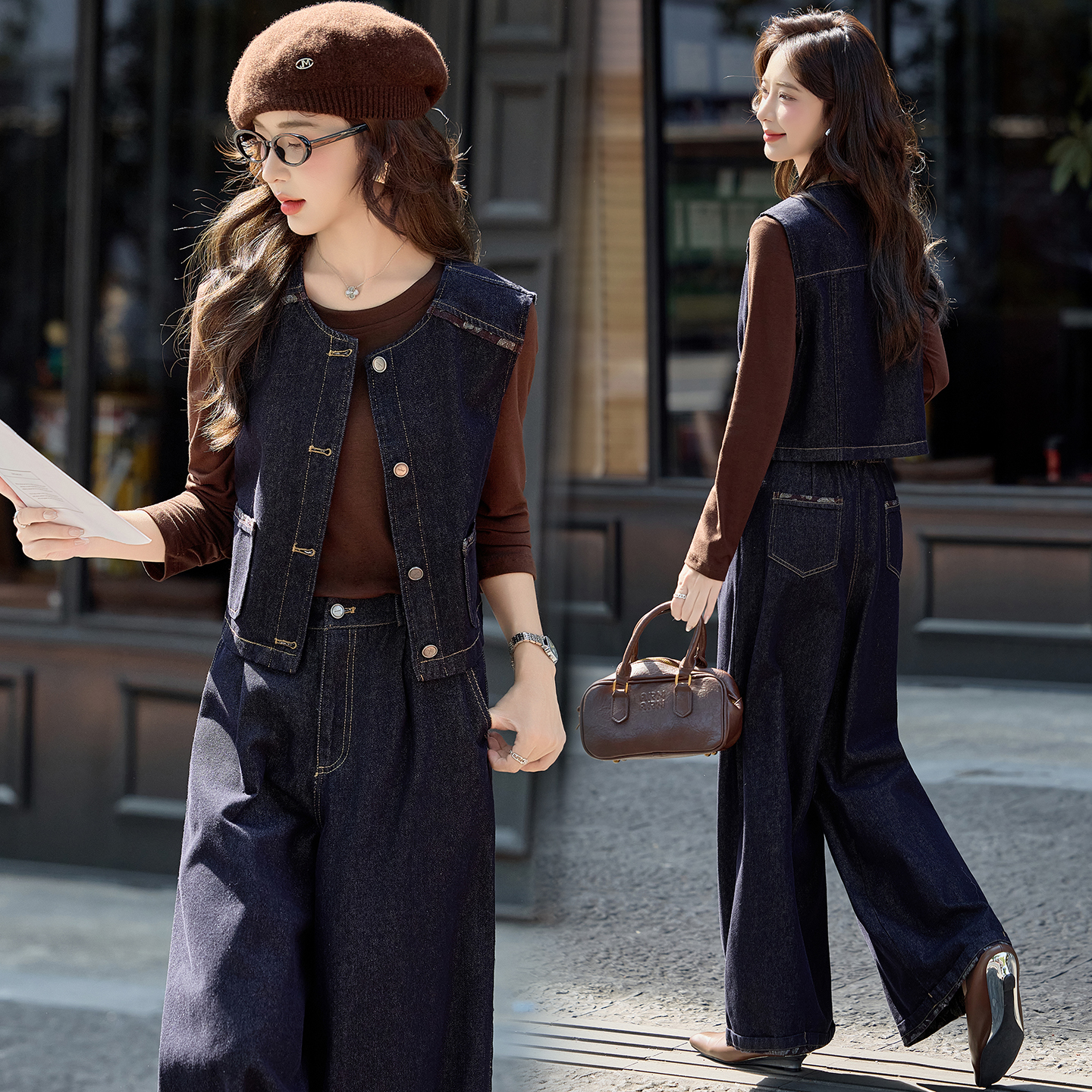 欧货复古牛仔马甲套装女2025春秋新款高级感气质减龄阔腿裤三件套