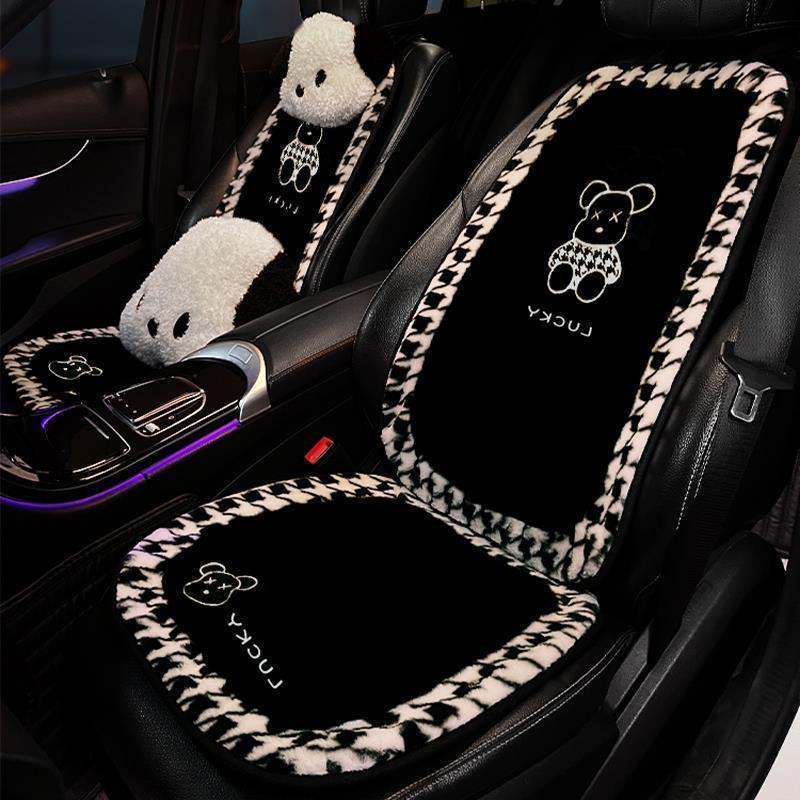 冬季加绒网红汽车坐垫毛绒保暖千鸟格小熊卡通可爱通用座垫