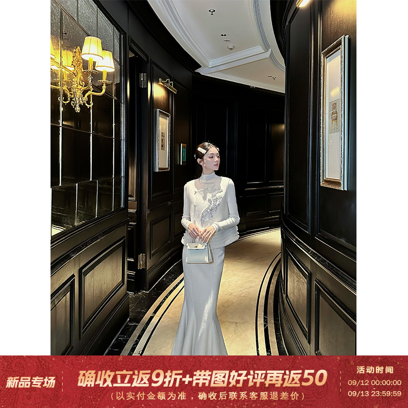 冯（CHAOMEI【素金时代】国风新中式女装胸口网纱花边装饰羊毛套装
