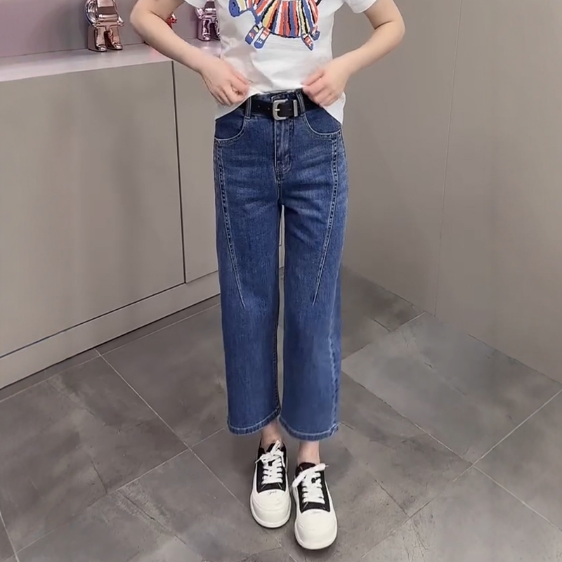 大码女装百搭显瘦八分宽松阔腿裤2025夏季新款高腰弹力弯刀牛仔裤
