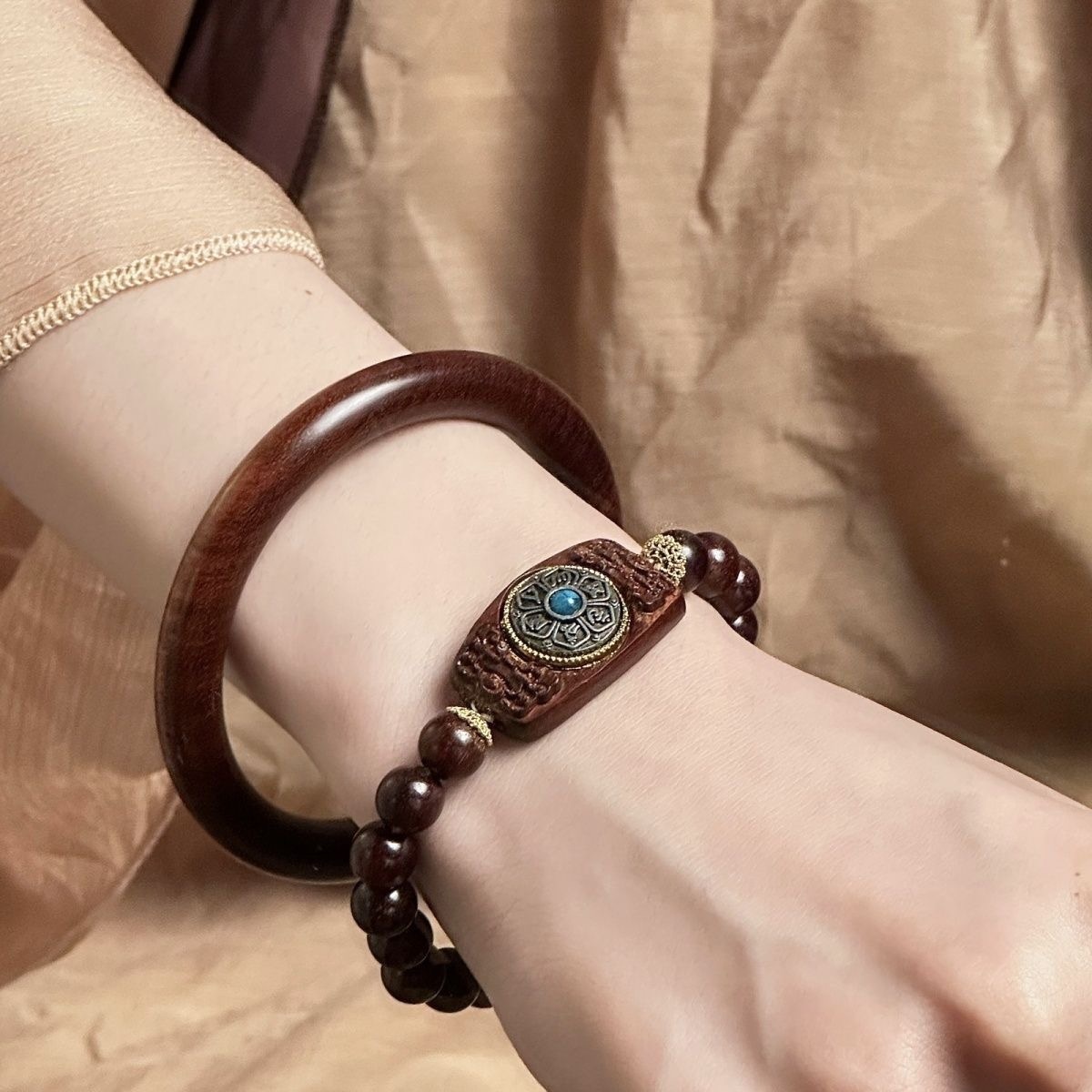 正宗紫檀木时来运转女手链血檀手镯叠戴老料檀木手串文玩佛珠念珠