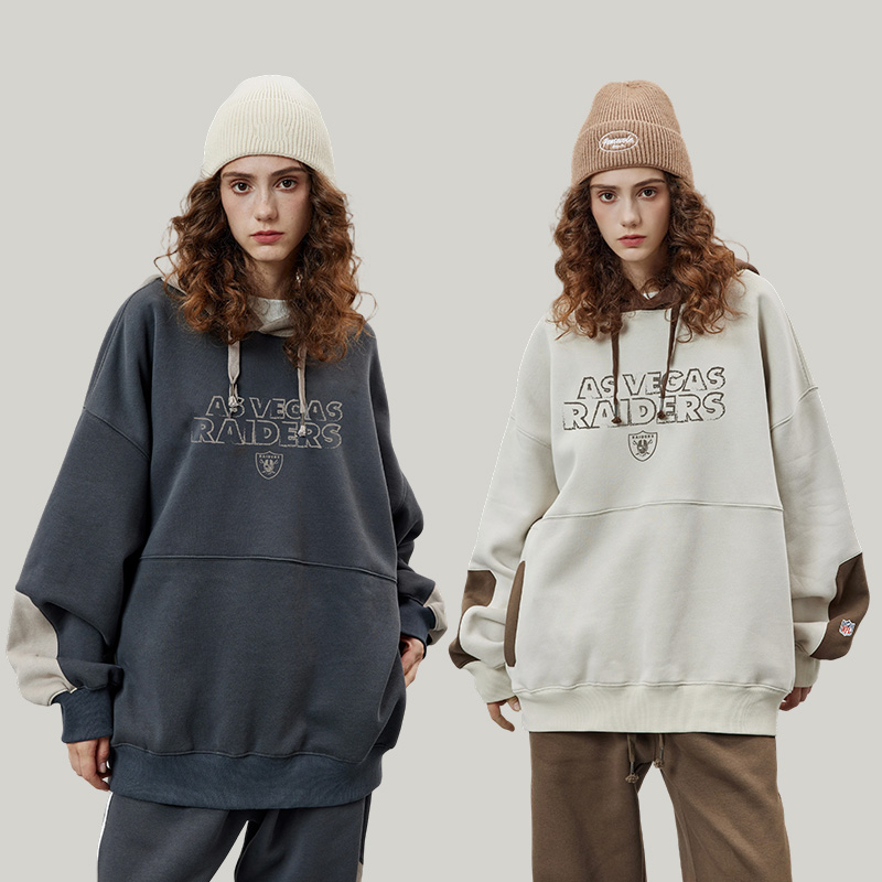 公鸡冠军深灰色加绒卫衣男秋冬新款连帽拼接撞色上衣W1039