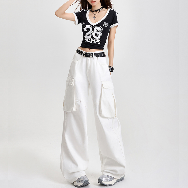 美式复古白色工装裤子女春夏2025年新款休闲裤宽松高腰牛仔阔腿裤