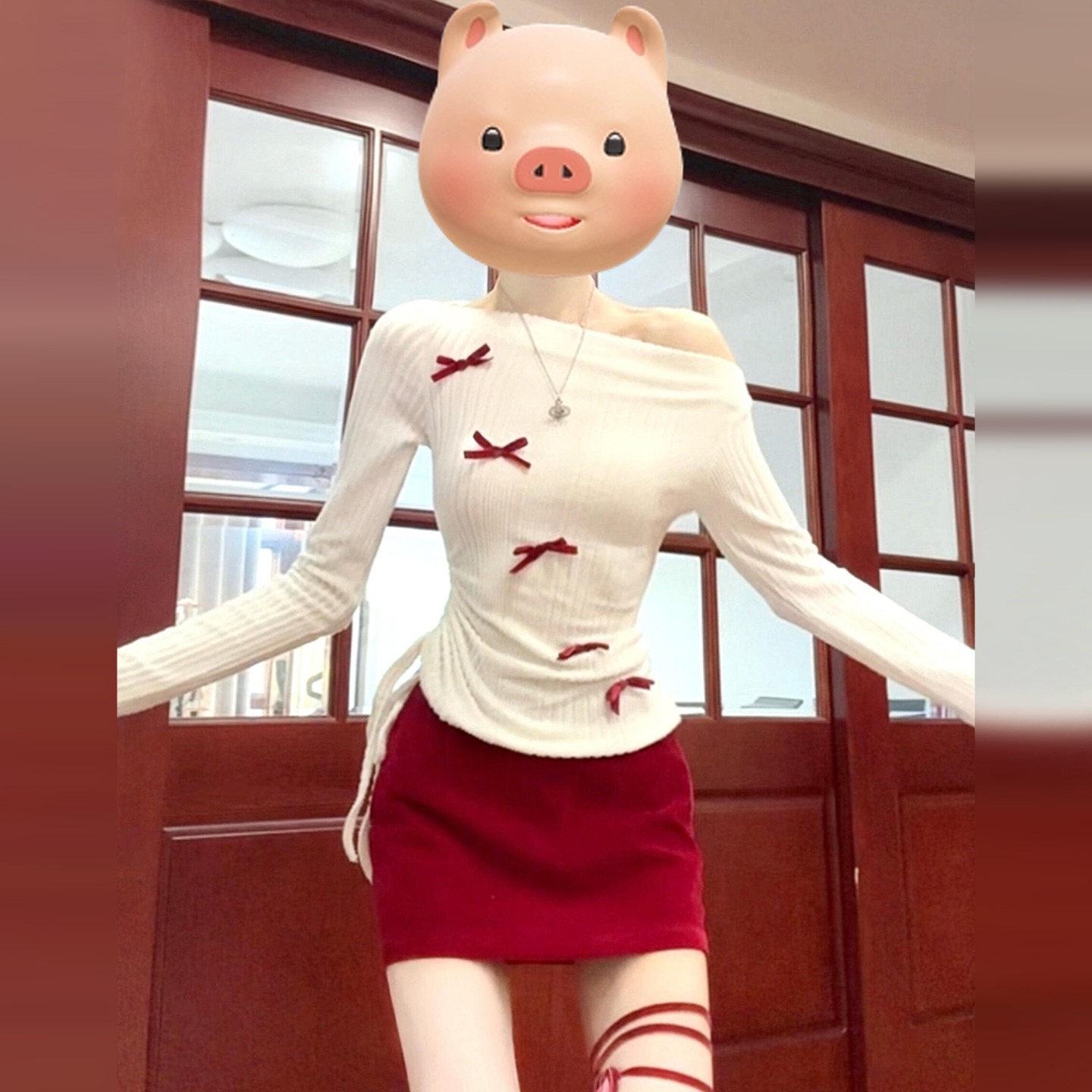 韩系搭配一整套秋装洋气质减龄漂亮上衣红色包臀半身裙两件套装裙