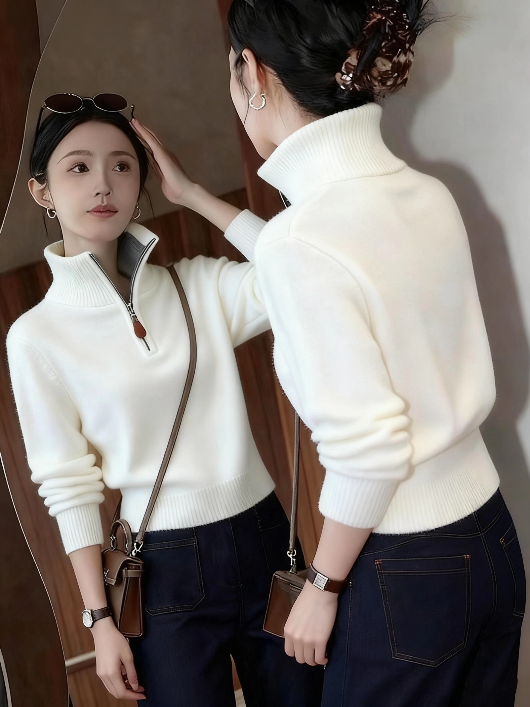 慵懒风白色半拉链高领毛衣女2025年秋冬新款氛围感百搭针织上衣潮