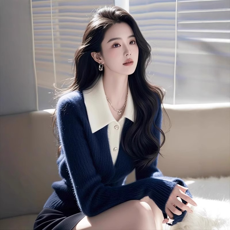 藏蓝色polo领假两件毛衣女针织衫秋冬季软糯高级感法式小香风上衣