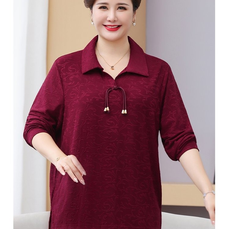 春秋妈妈针织衫 秋季大码中老年翻领长袖提花打底衫上衣宽松弹力
