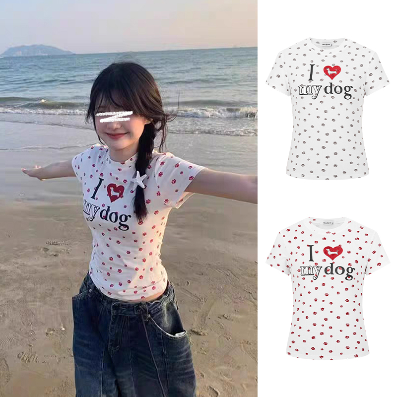 Moses Queen/魔西女王美式复古狗爪印花正肩短袖T恤辣妹显瘦上衣