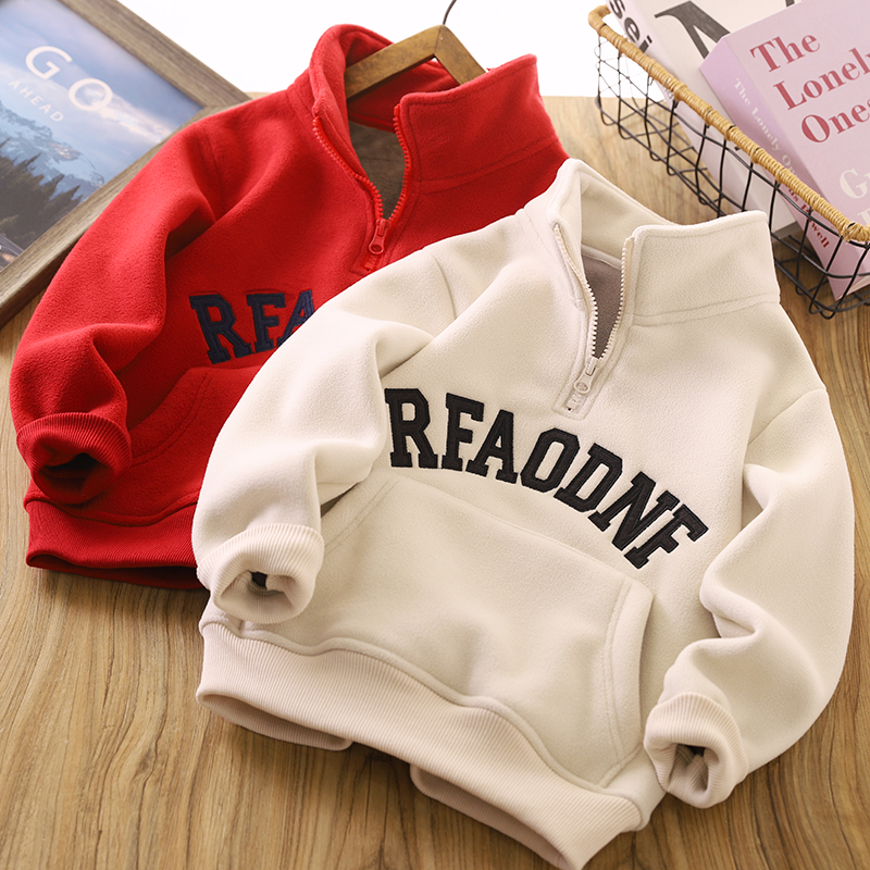 男童加绒卫衣冬装半拉链打底衫2025冬季新款儿童字母刺绣polo上衣