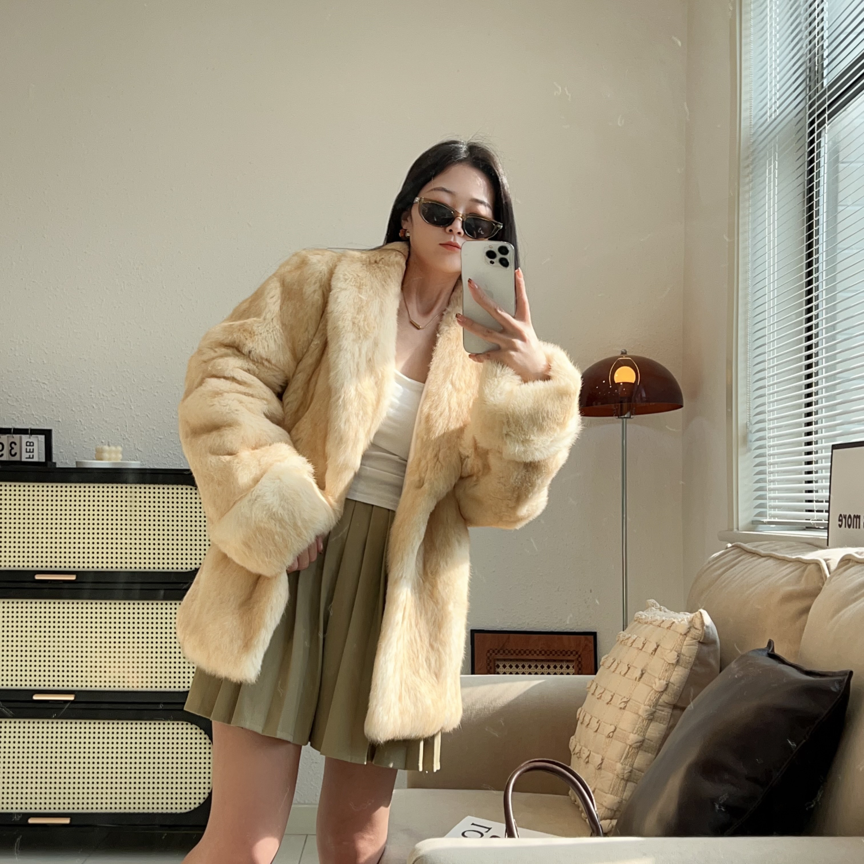 中古千金兔毛外套青果领整双色晕染皮毛一体冬季新款皮草气质网红