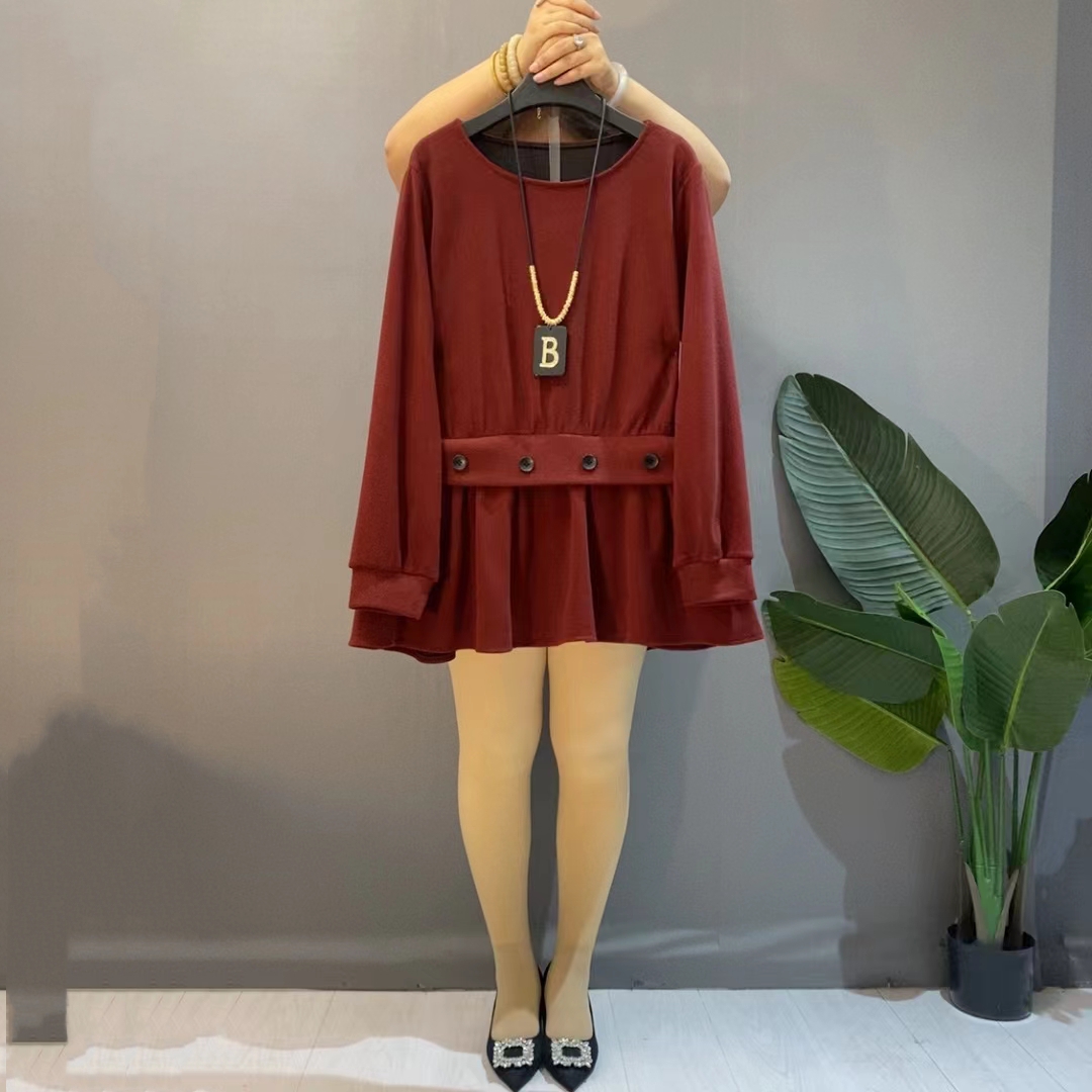 胖妹妹秋冬新款圆领气质拼接显瘦洋气高级感长袖套头韩系上衣百搭