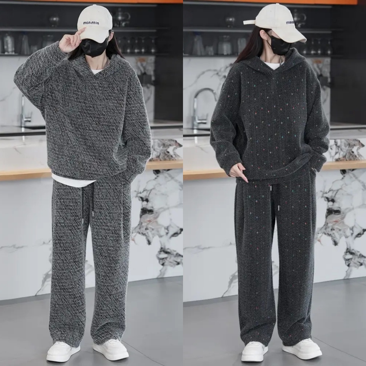 秋冬新款男士重磅加厚面宽松时尚潮流休闲套装保暖连帽卫衣休闲裤