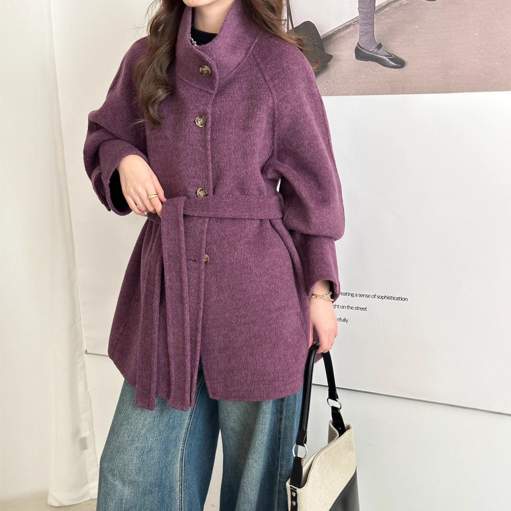 2025秋冬中长款双面呢外套女百搭立领小个子短款