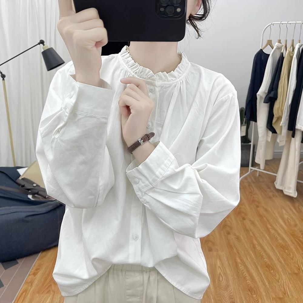 春秋新款荷叶领时尚休闲百搭纯色长袖纯棉衬衫复古纽扣设计感上衣
