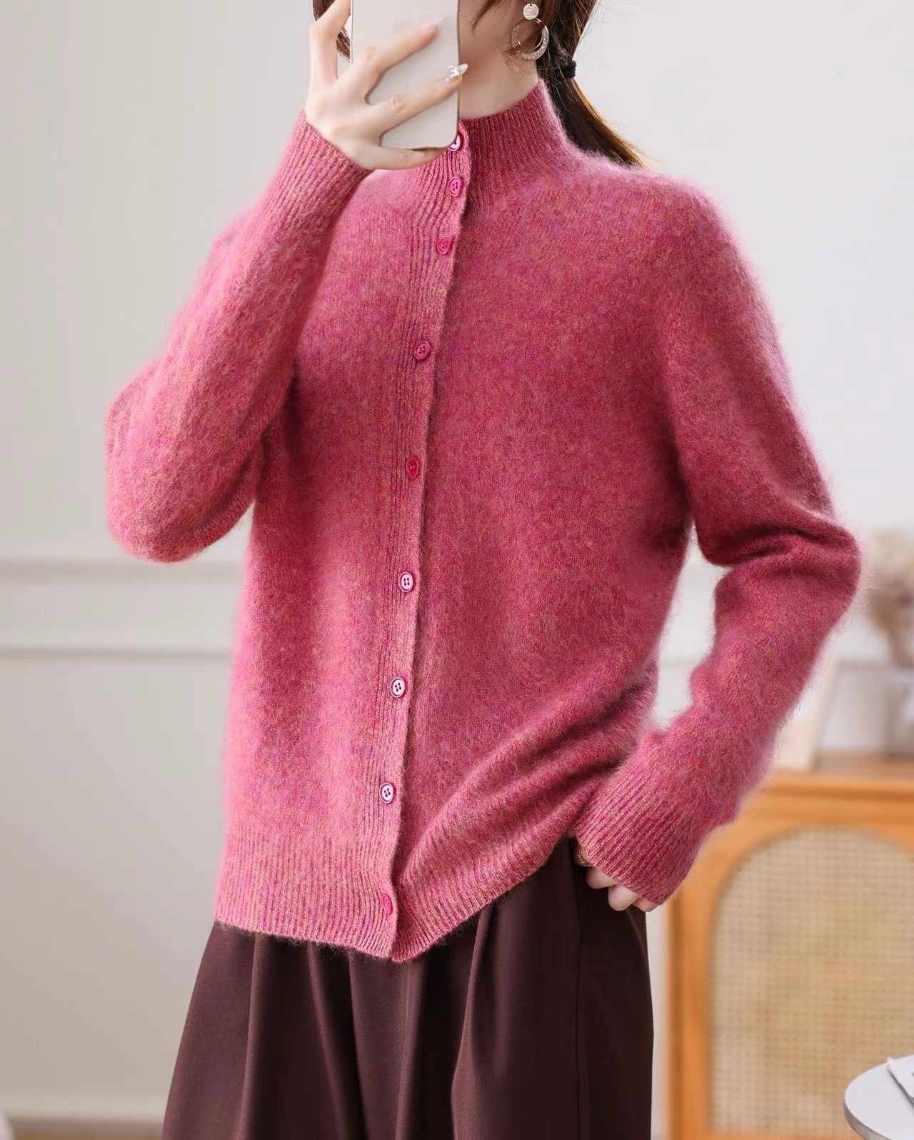 慕成家半高领短款羊绒拉毛针织衫羊绒衫慵懒薄款宽松秋冬时尚上衣