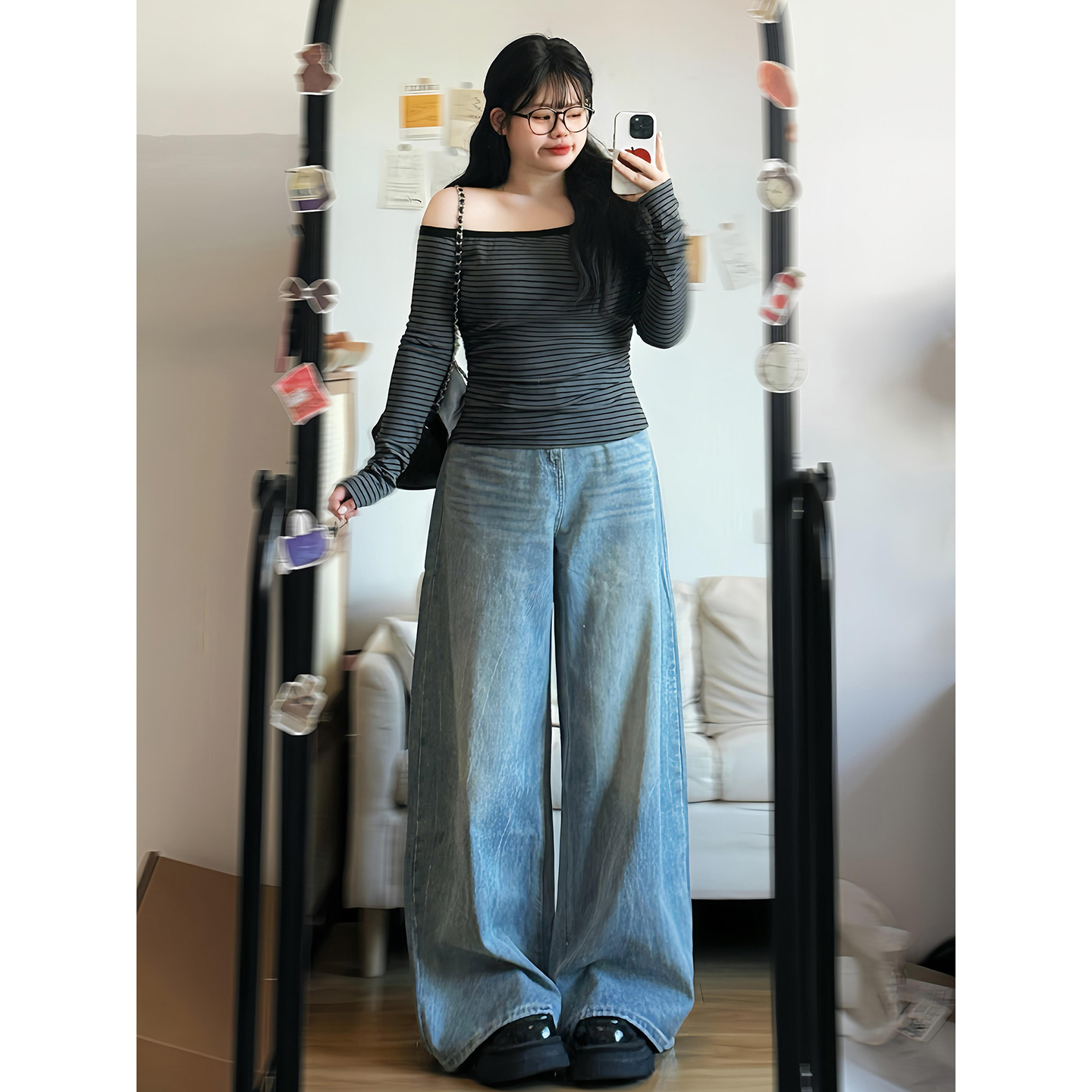 特大码复古水洗阔腿牛仔裤女胖mm裤子宽松显瘦梨形身材百搭直筒裤