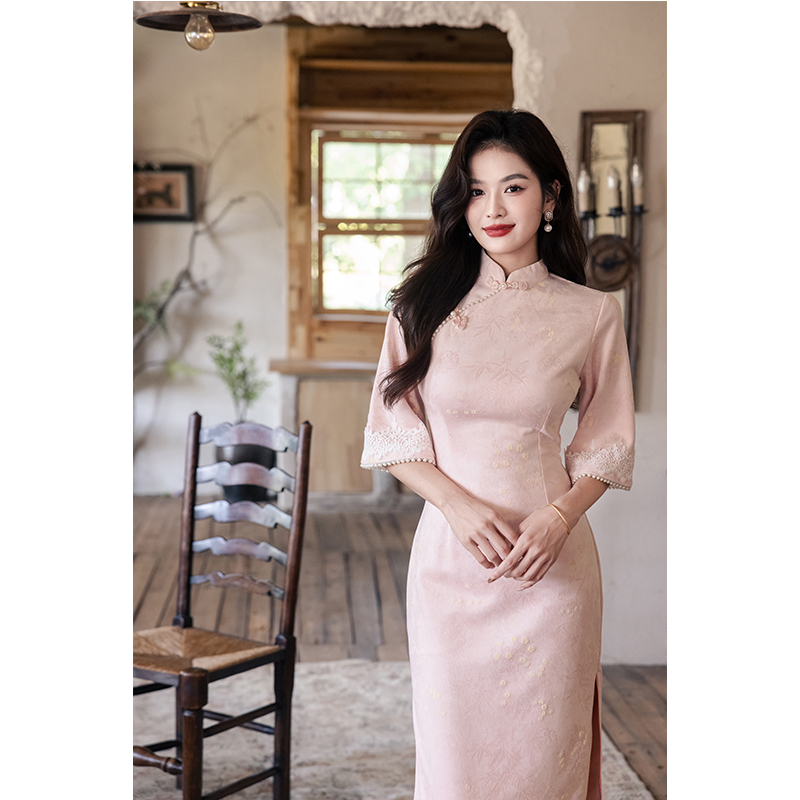 旗袍新中式秋季七分袖新款苏州改良女装连衣裙中国风粉色优雅日常