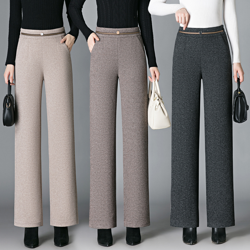秋冬加厚高档毛呢筒裤女士高腰裤子宽松显瘦弹力休闲遮肉直筒长裤