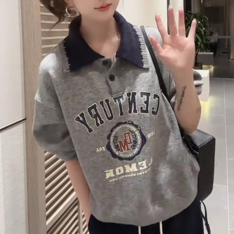 美式复古宽松慵懒风卫衣女生2025秋季新款设计感撞色翻领字母上衣