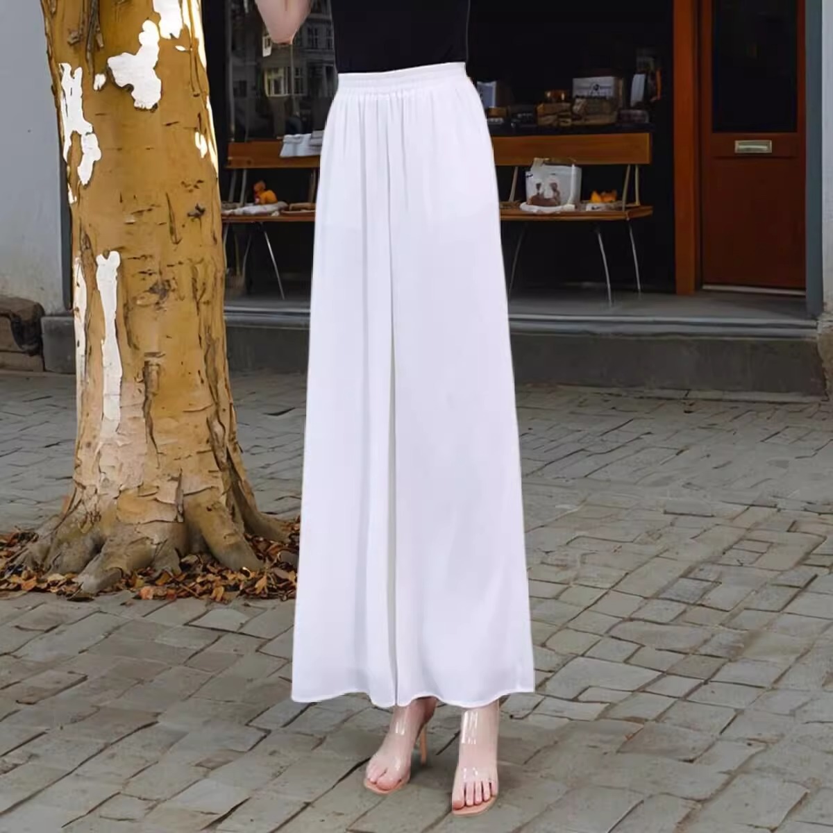 白色冰丝雪纺阔腿裤女2025新款春夏小个子九分裤子高腰显瘦休闲裤