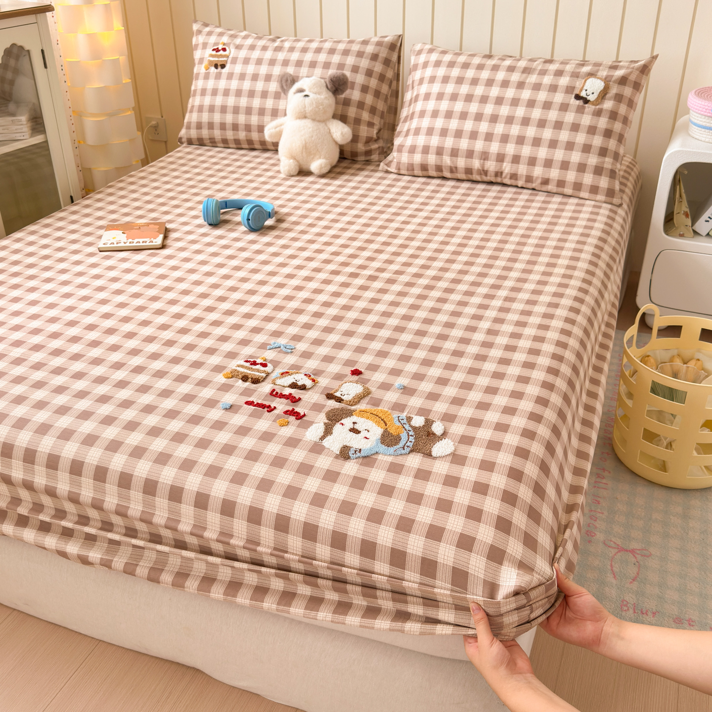 可爱纯棉床罩少女心可爱毛巾绣床垫保护罩防尘罩学生绣花全棉床笠