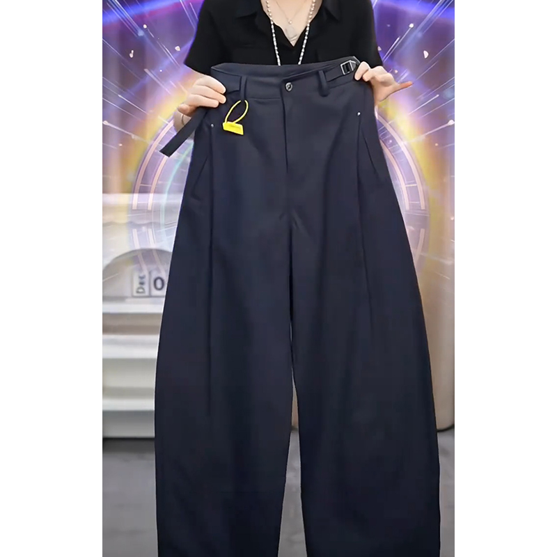 藏青色复古休闲裤女2025夏新款小个子高腰直筒休闲阔腿工装长裤子