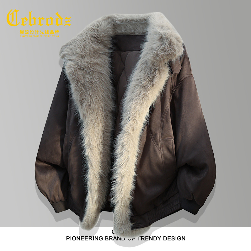 法国Cebrodz复古座山雕羽绒棉服男款加绒休闲秋冬宽松毛领外套男
