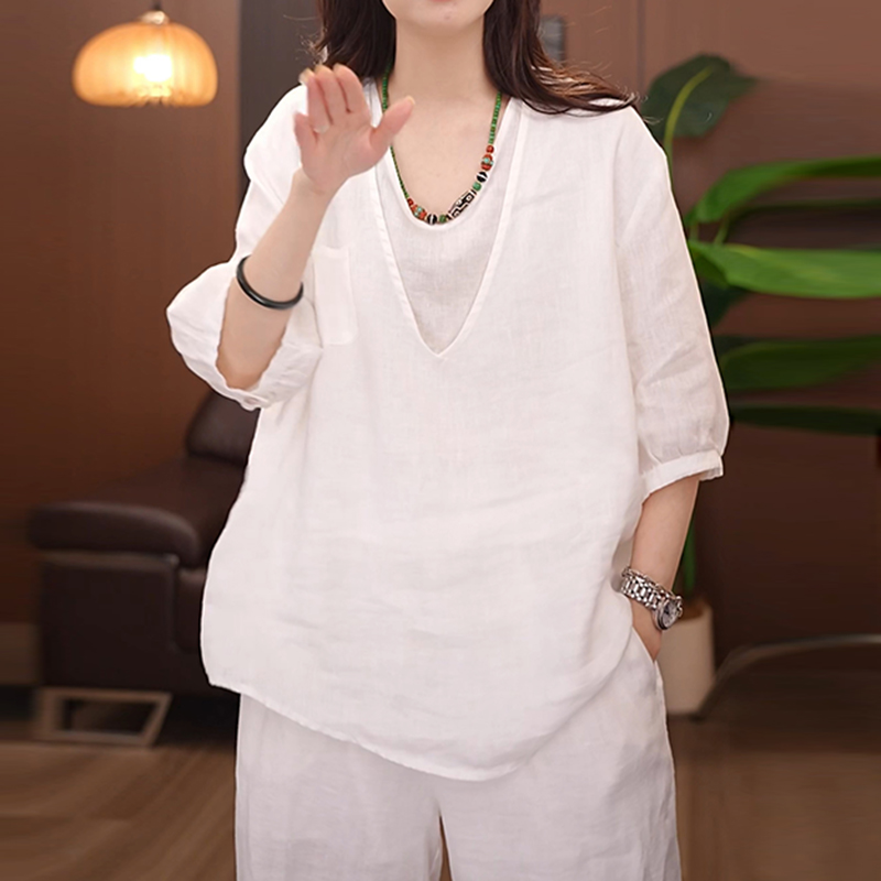 法式简约显瘦宽松假两件衬衫夏季新款时尚减龄轻薄透气V领上衣女