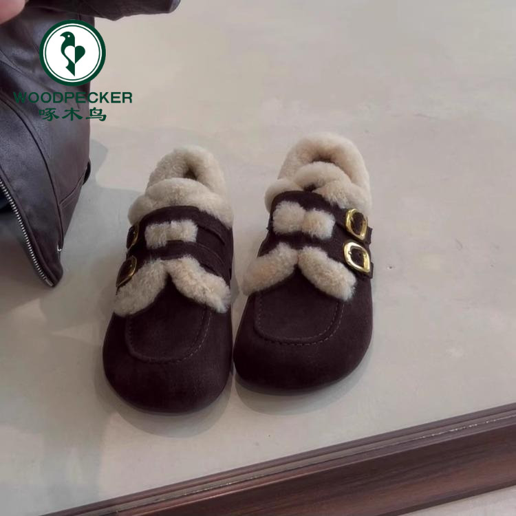 啄木鸟毛毛勃肯鞋女加绒保暖棉鞋女2025新款冬季复古乐福鞋豆豆鞋