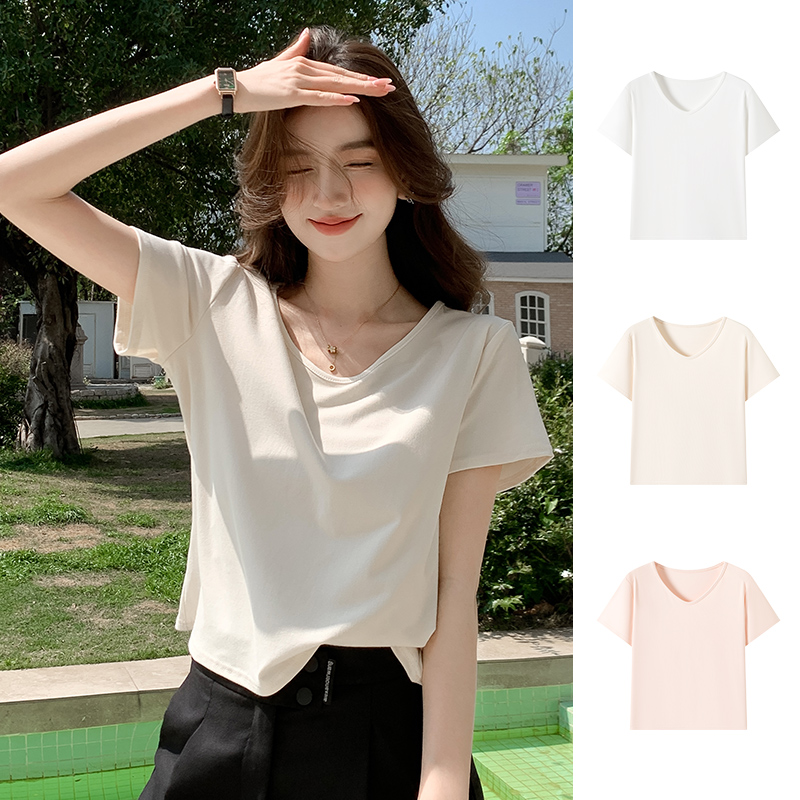 醉梓菡白色正肩V领短袖t恤女2025夏季新款韩版慵懒风宽松休闲上衣