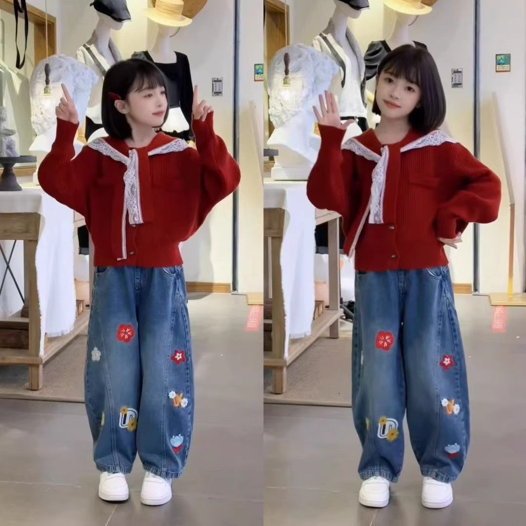 女童韩版弯刀牛仔裤套装春秋季2025新款儿童海军领毛衣休闲阔腿裤