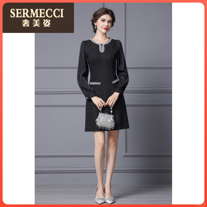 2025秋冬爆款新款场合重要小香风连衣裙黑色长袖小个子A字裙