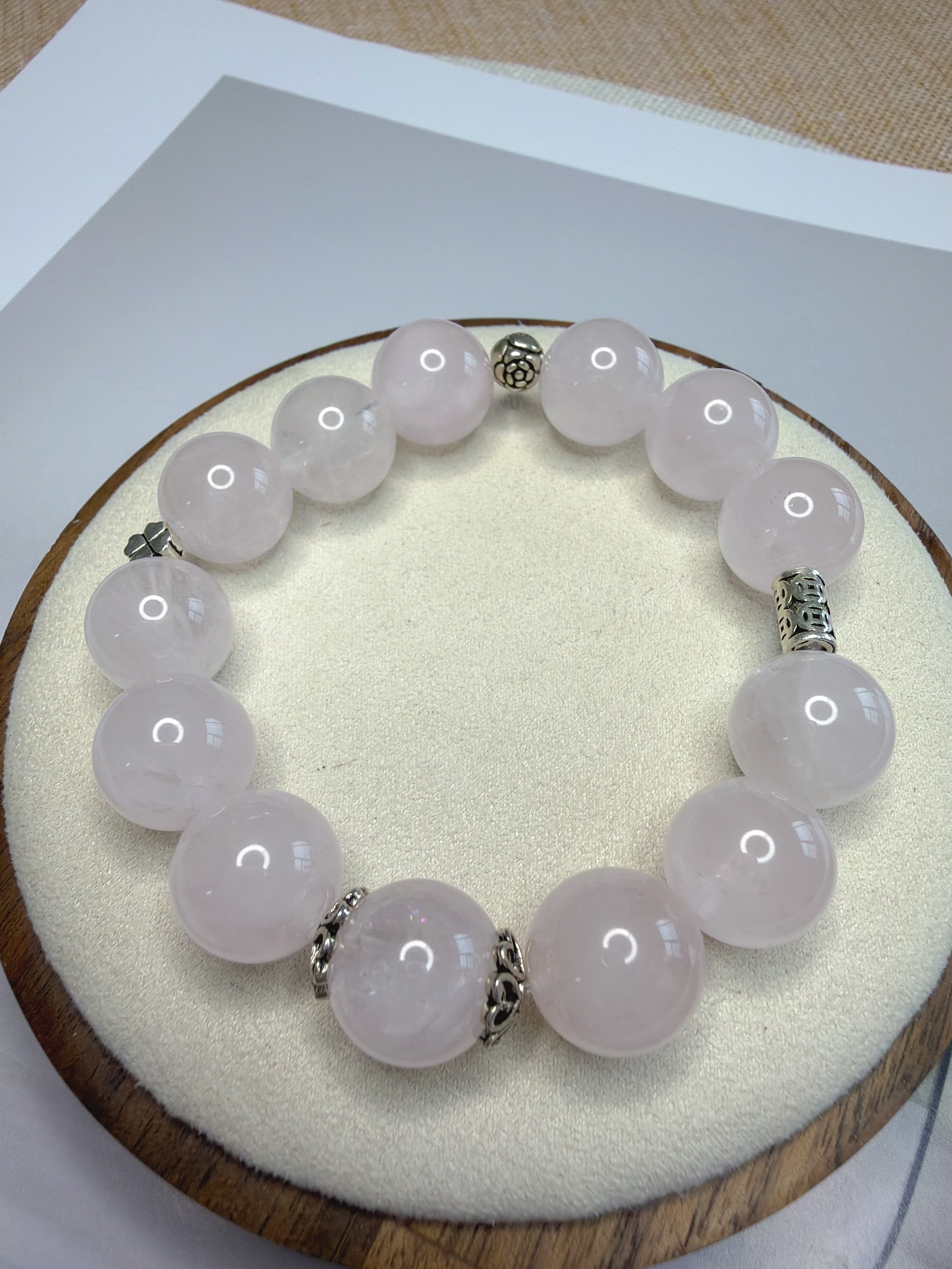 天然水晶粉水晶S925银镀金配饰单圈手串12mm大尺寸简约精美女款