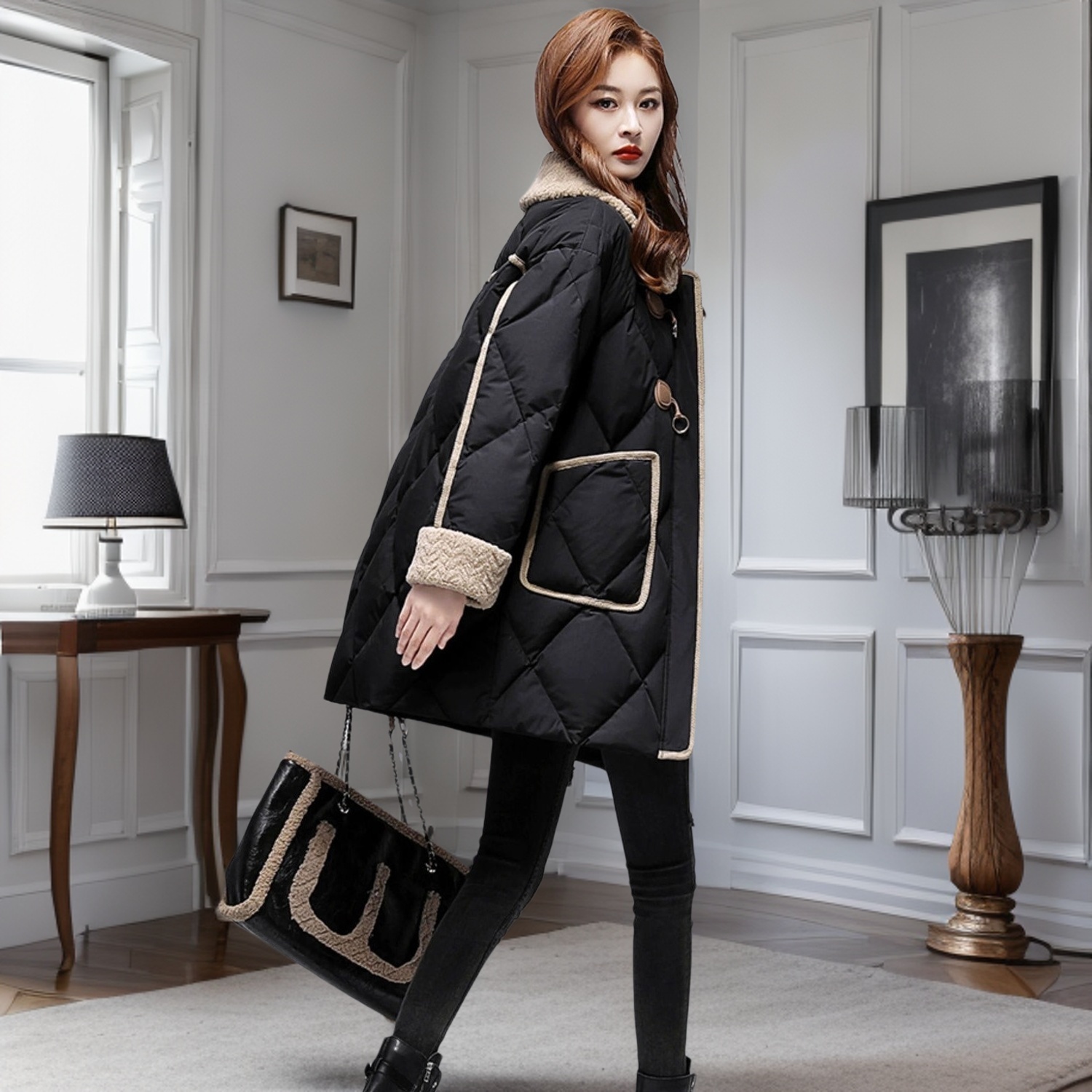 小香风黑色拼接棉衣外套女2025秋冬新款大码宽松时尚保暖棉服大衣