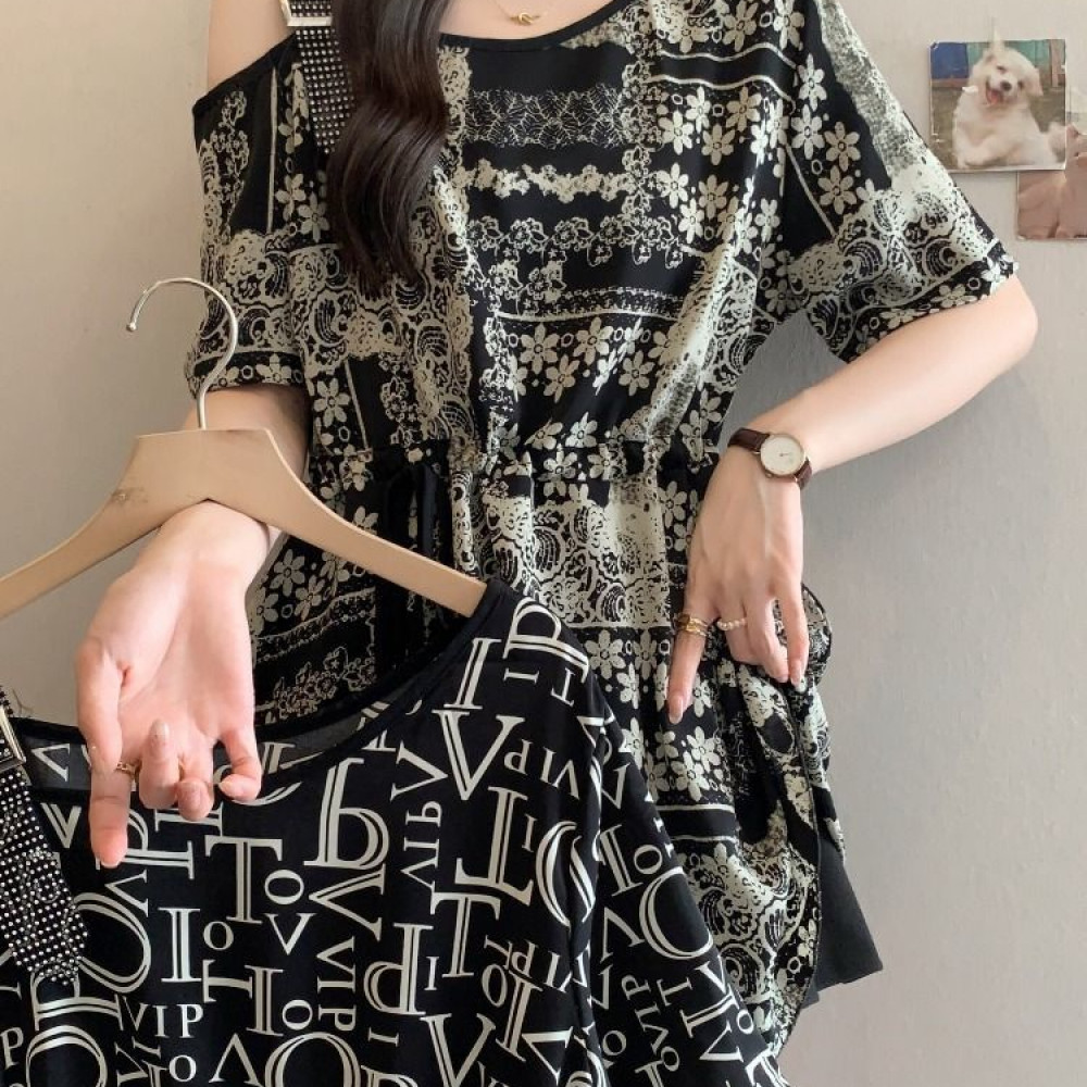 设计感独特单肩斜肩露肩收腰短袖衬衫女夏季大码胖mm碎花雪纺上衣