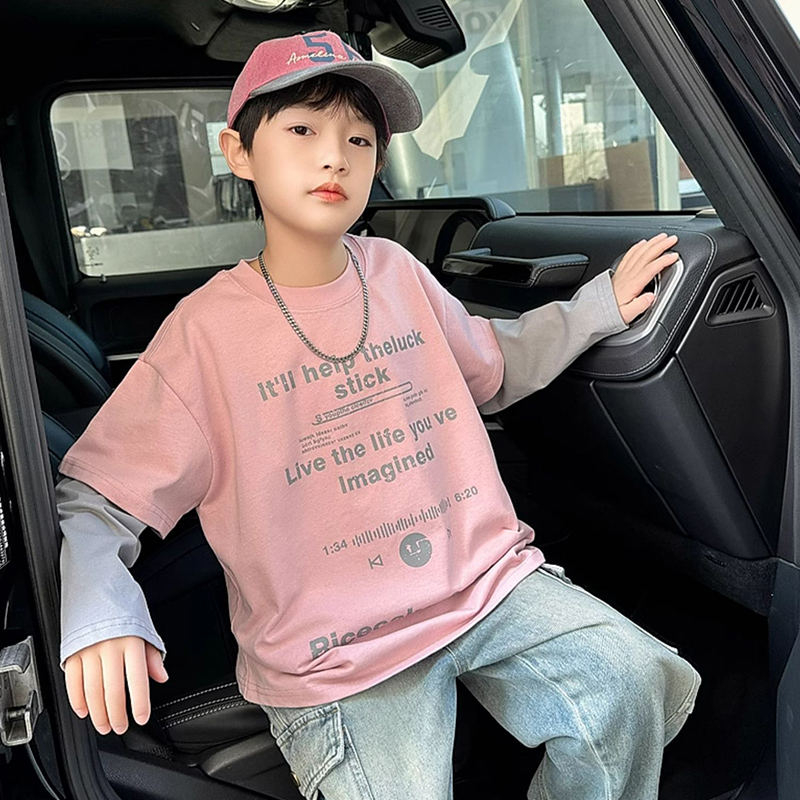 男童长袖t恤秋装2025新款儿童假两件痞帅时髦春秋款中大童上衣潮