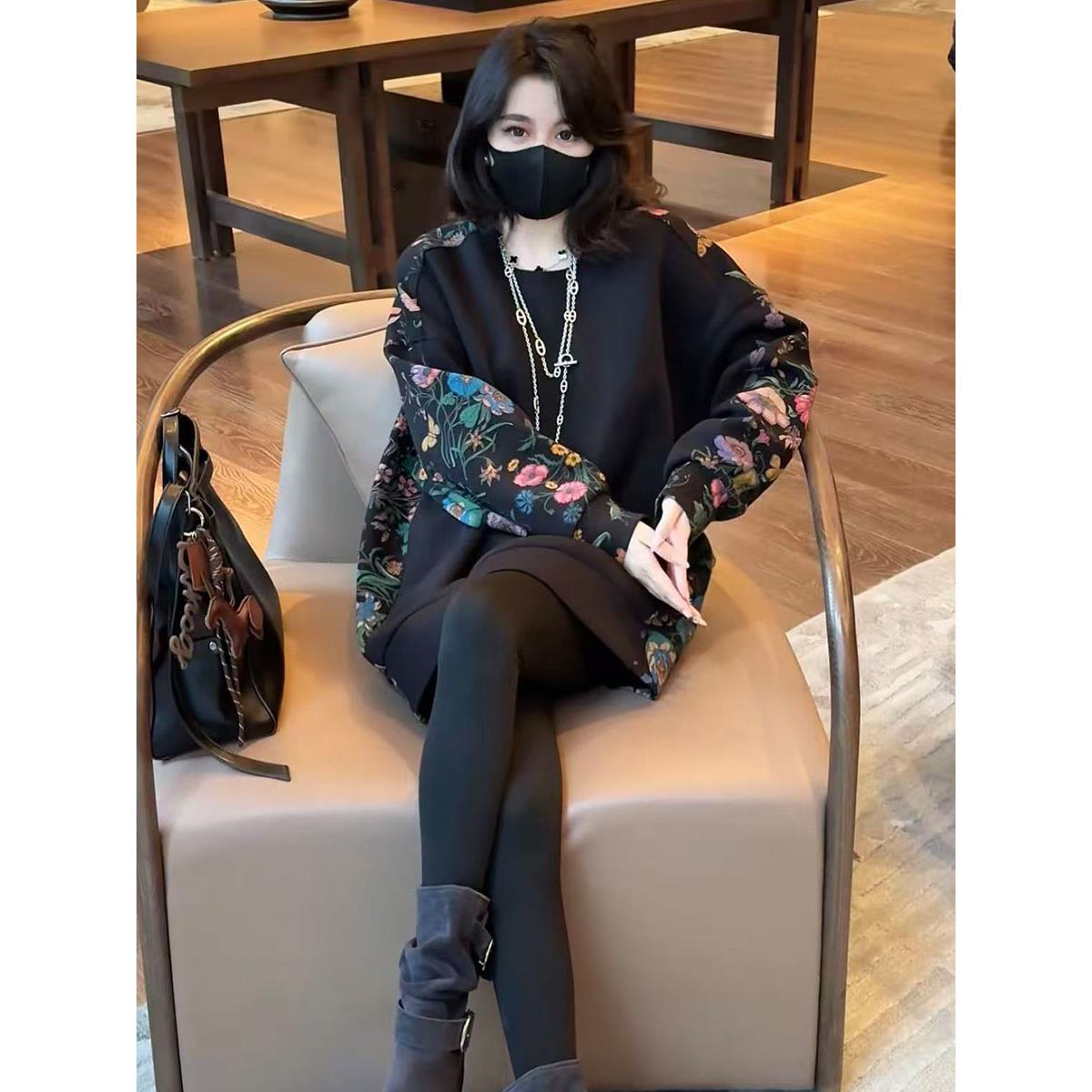 欧货圆领加厚卫衣女秋冬新款设计感撞色拼接中长款遮屁股显瘦上衣