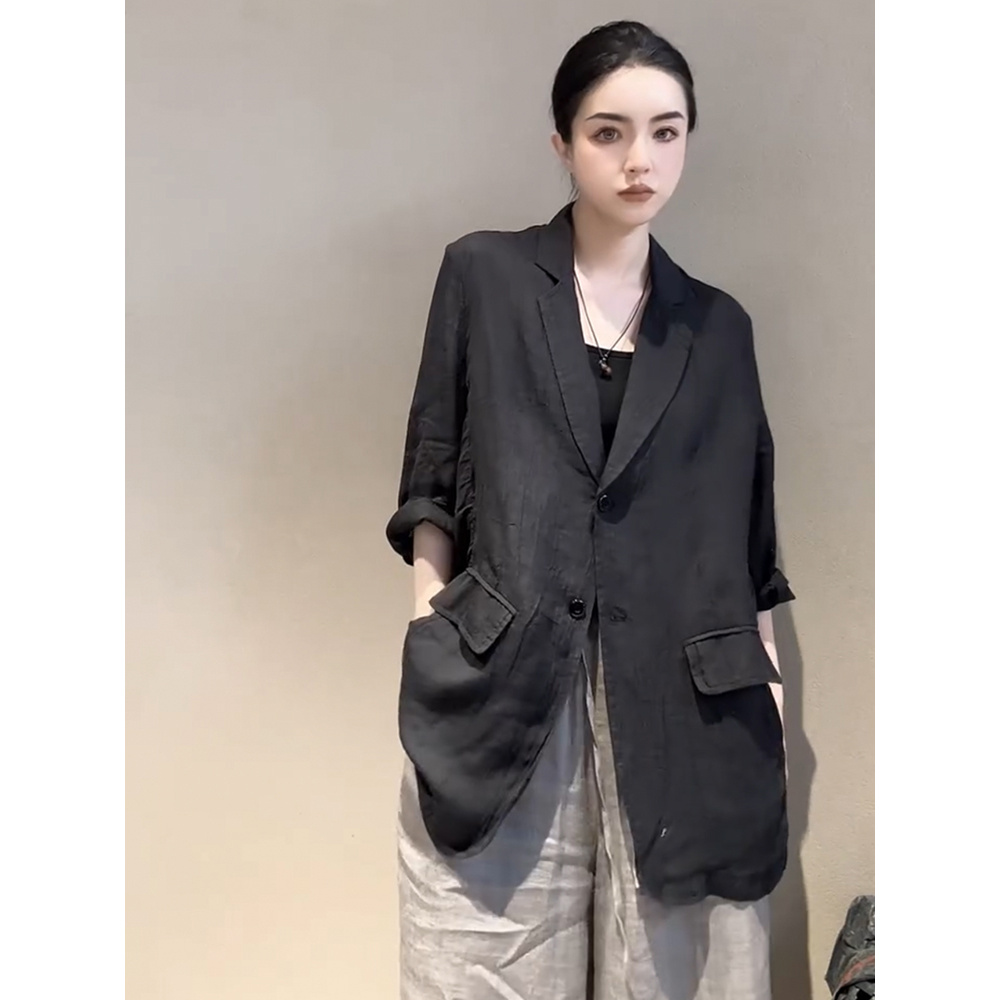 高级感宽松中长款麻料西装外套女欧洲站2025春季新款百搭纯色上衣