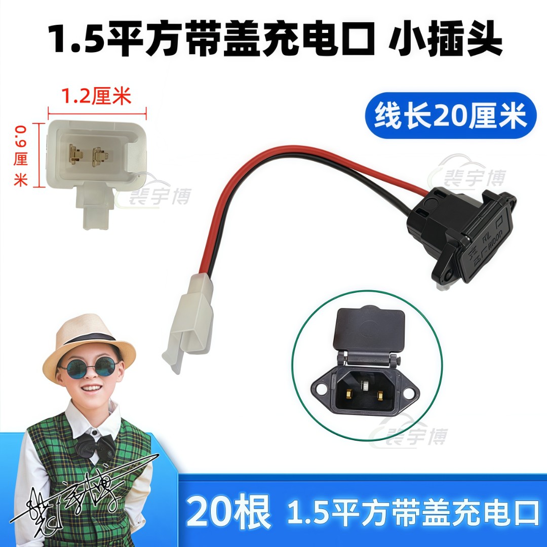 【20根】电动车黑色带盖充电插口一体母座带插件免接线1.5平方纯铜