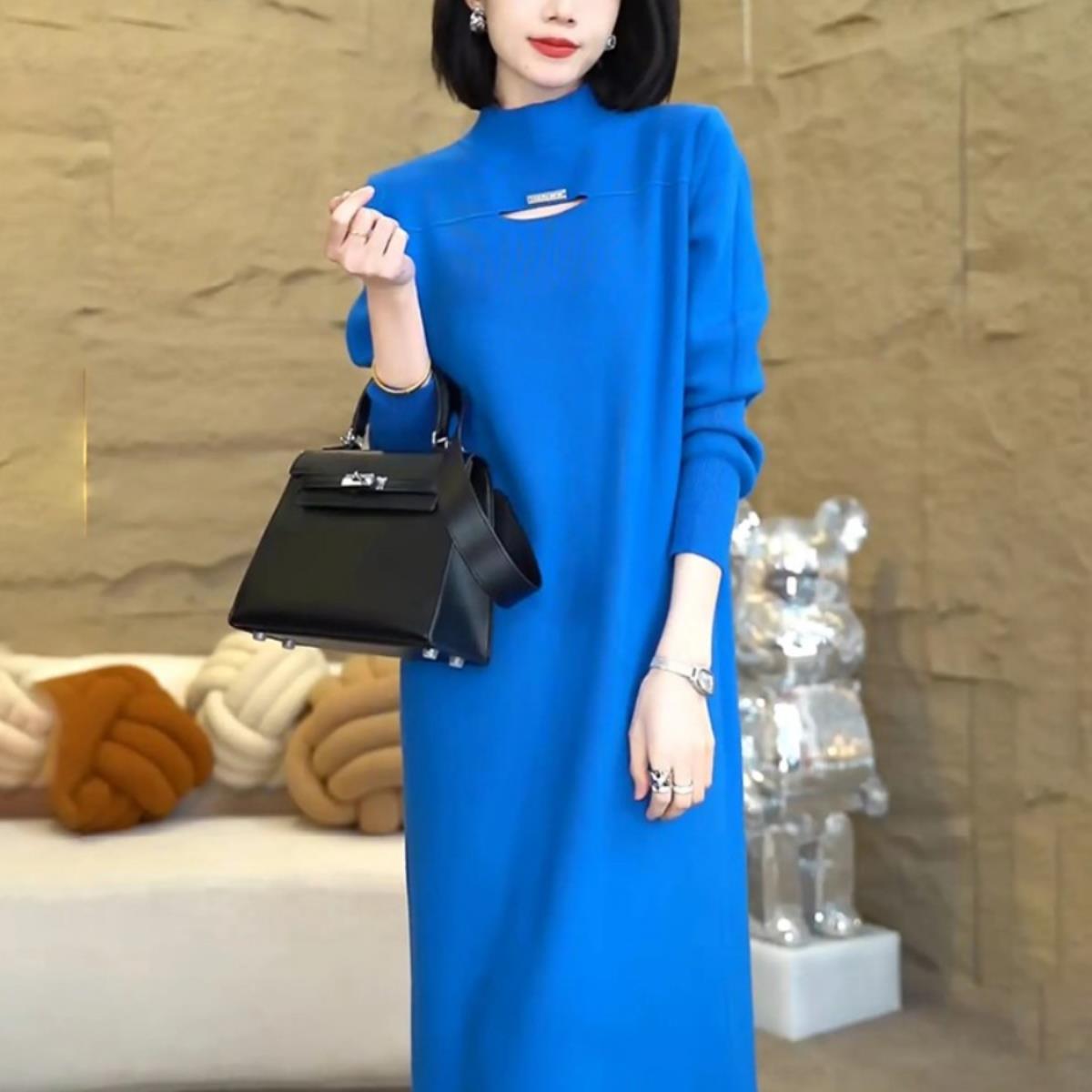 高端宽松秋冬新款针织羊毛衫中长款过膝连衣裙配外套及羊毛衫裙