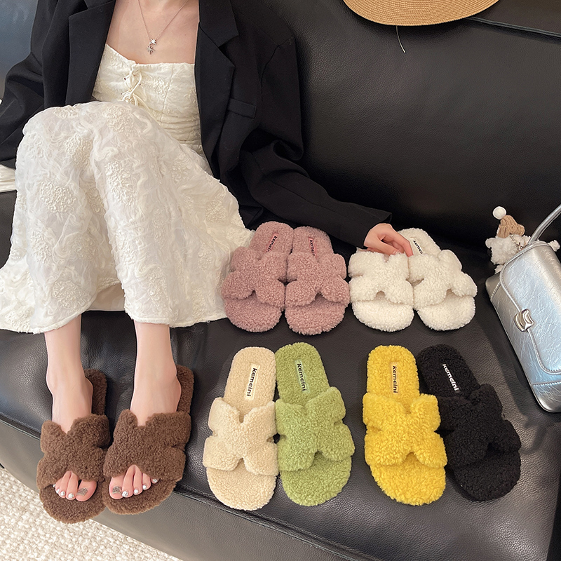 韩版懒人一脚蹬泰迪绒秋冬一字拖平底软底外穿低跟可爱甜妹百搭女