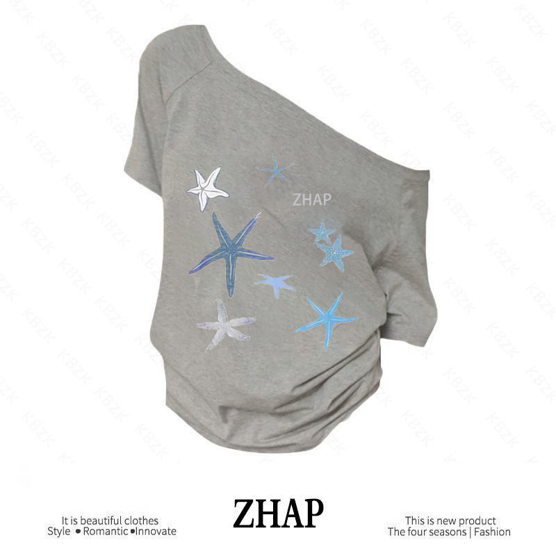 【ZHAP】夏季斜肩宽松短袖蓝白星t恤女甜美风白色百搭简约印花厚